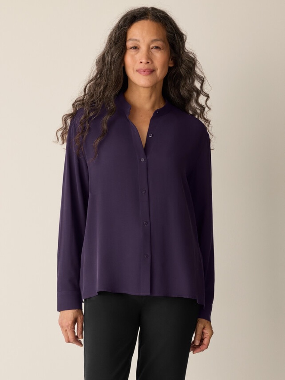 NWT Eileen Fisher Mandarin Collar Shirt in Silk Georgette Crepe | 1X | $298